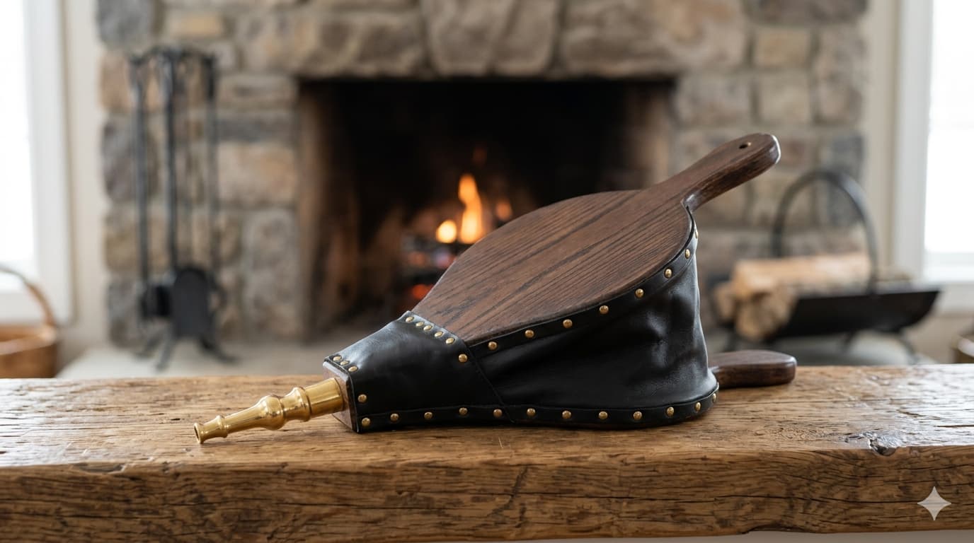 A hand-crafted bellows resting on a worn wooden table before a stone fireplace